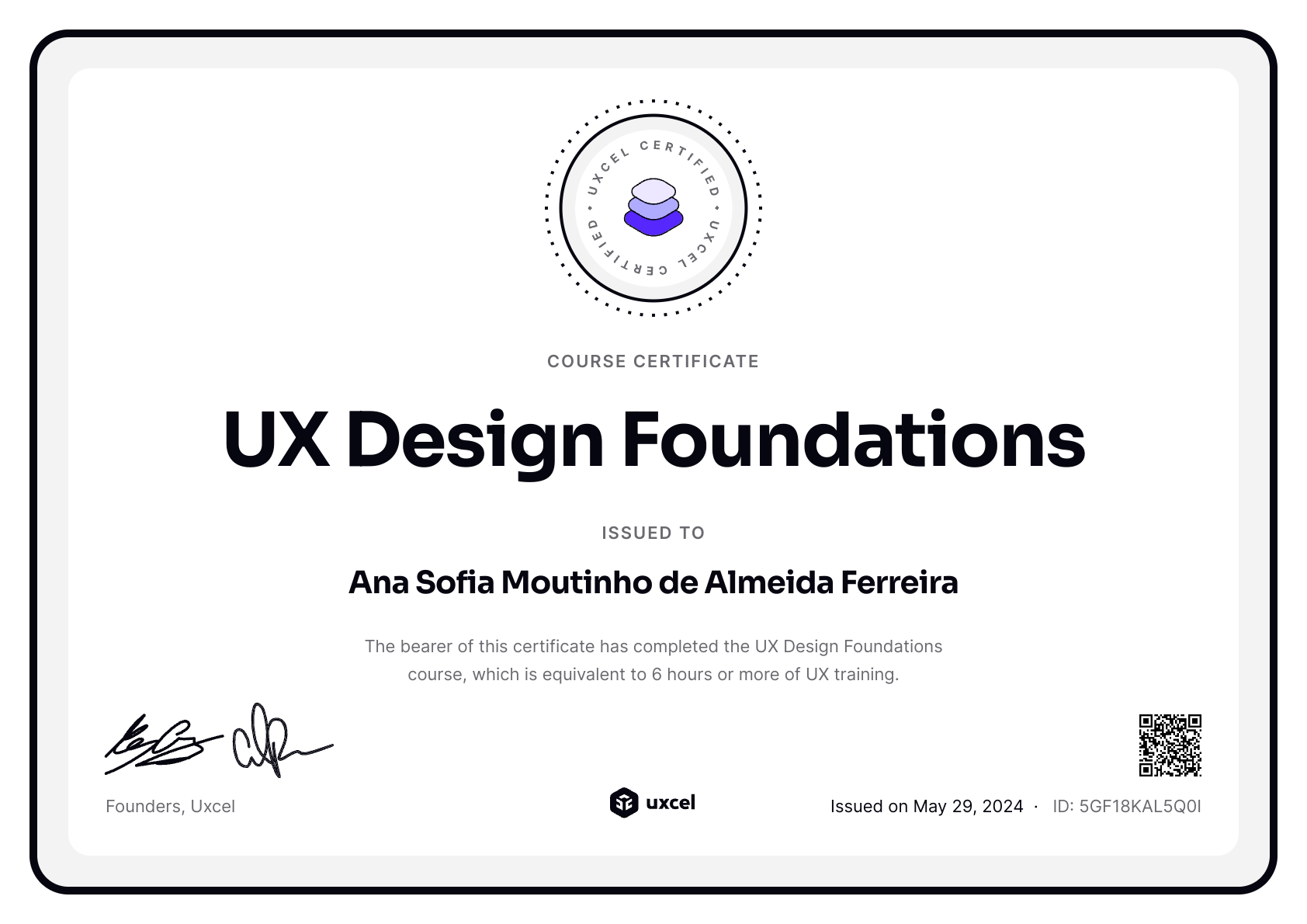 Ana Sofia Moutinho de Almeida Ferreira's certificate